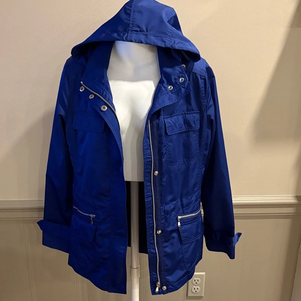 Talbots Royal Blue Utility Jacket w/Bungee Drawcord Waist & Snap Off Hood size 6